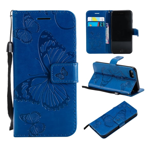 iPhone SE Case 2022/2020, iPhone 7/ 8 Wallet case, Pretty Retro Embossed Butterfly Flower Design PU Leather Book Style Wallet Flip Case Cover for Apple iPhone SE 2022/2020 - Blue
