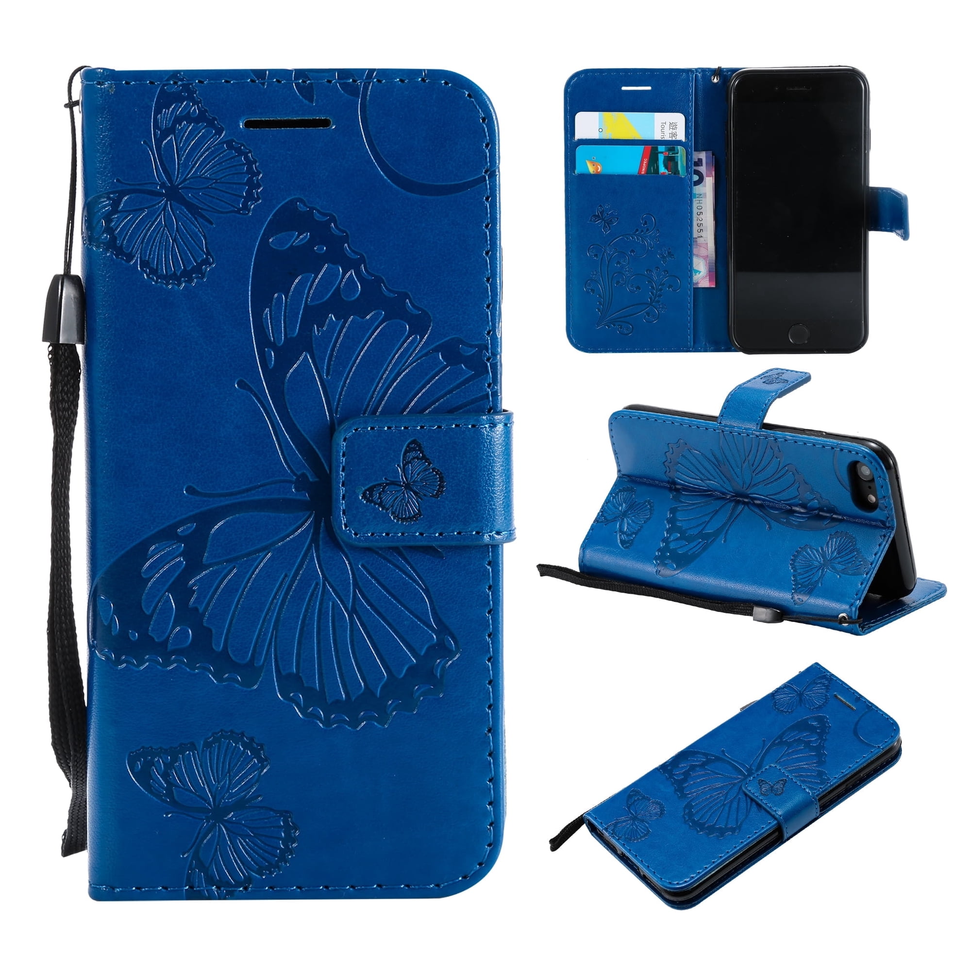 iPhone SE Case 2022/2020, iPhone 7/ 8 Wallet case, Pretty Retro Embossed Butterfly Flower Design PU Leather Book Style Wallet Flip Case Cover for Apple iPhone SE 2022/2020 - Blue