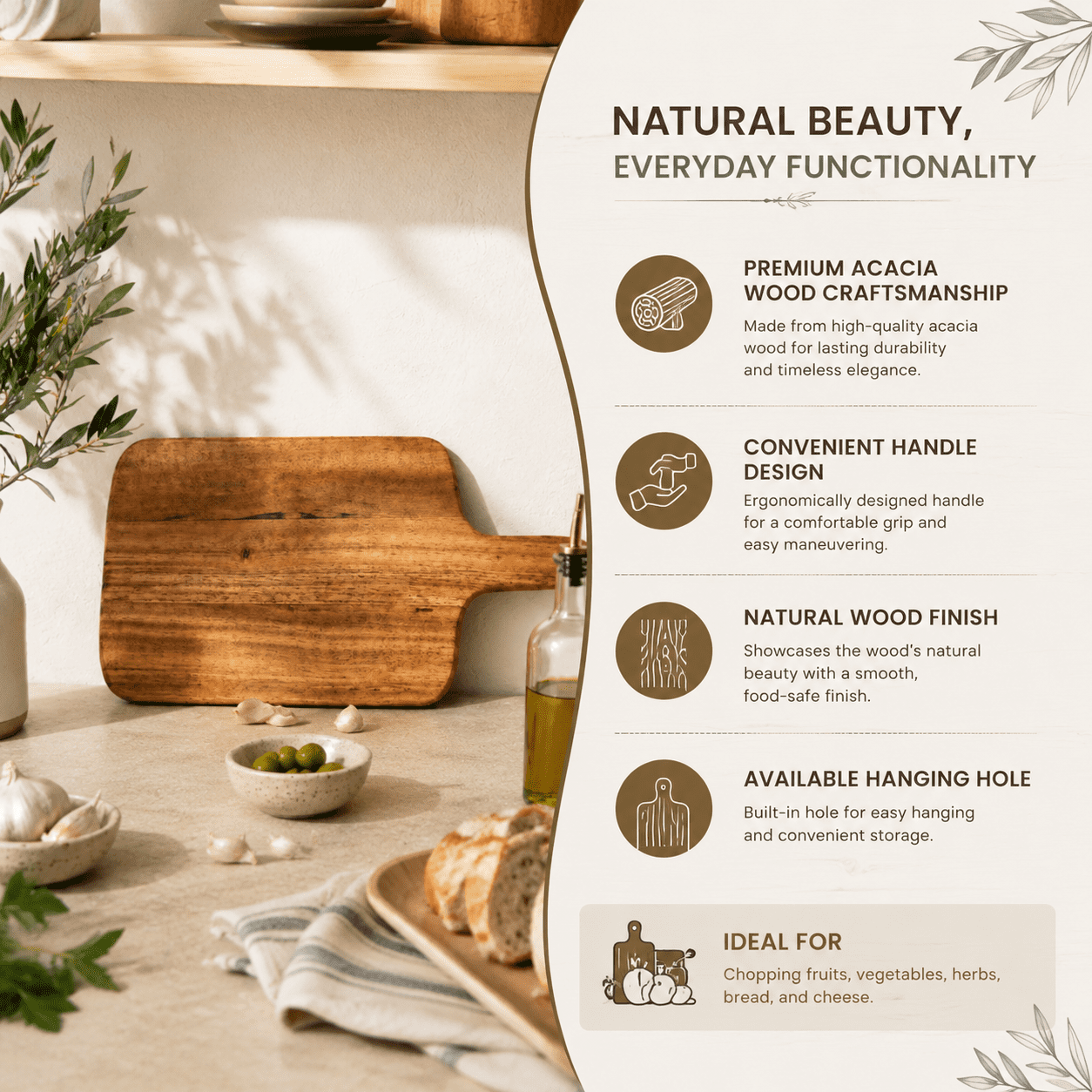 Acacia Wood Chopping Board with Handle, Wooden Cutting Board for Kitchen, Serving Board for Bread, Cheese, Fruits & Vegetables, Handcrafted Wood Paddle Board, 8x0.75x17.75 Inches