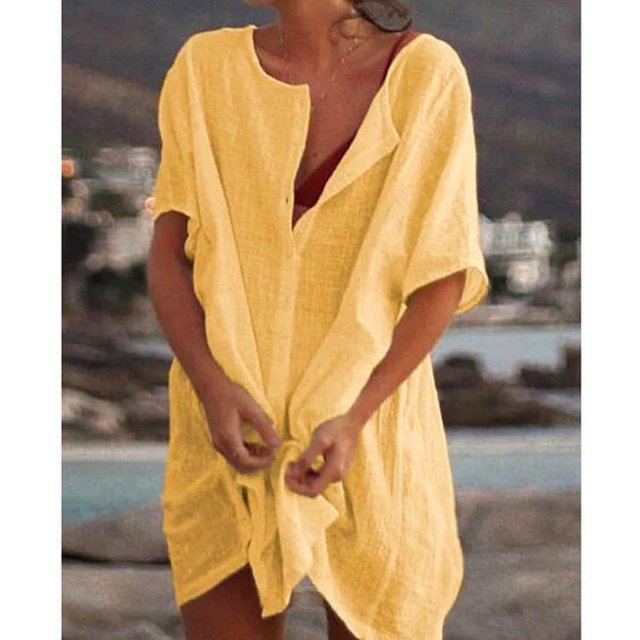 Faithtur Bikini pour Femmes Cover-Ups Couleur Unie Col Rond Manches Courtes Boutonné Chemises d'Été Mini Robe de Plage