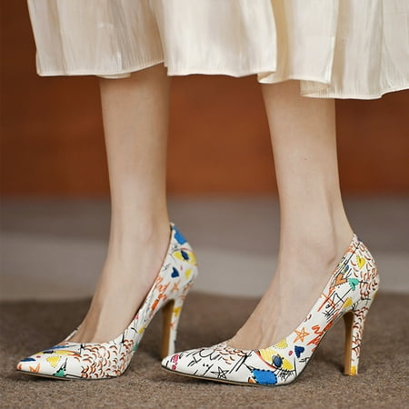 

Heels Shoes Work Women Single Leisure Toe Printing Shoes Pointed High SlipOn Shoes Women s Pumps