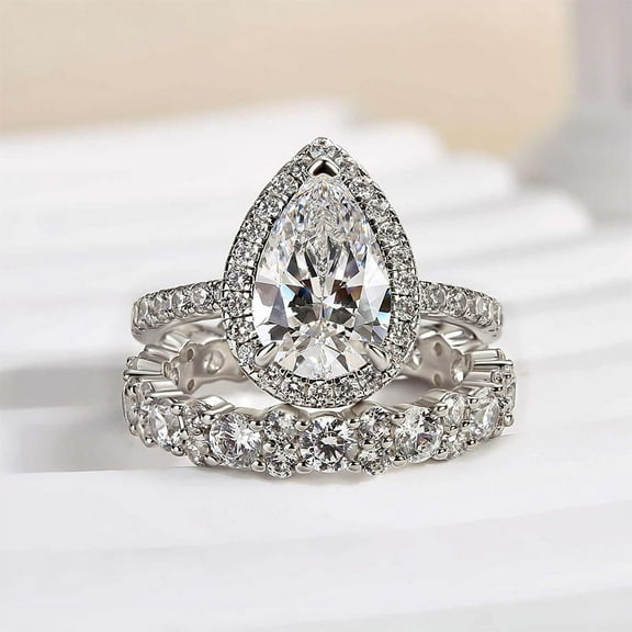 Veda Jewel 14K White Gold Plated 1.7 Ct Pear Cut Diamond Ring Set for Her - Exquisite Engagement Ring Set with Band - Halo Ring for Wedding or Anniversary - Solitaire with Accents Bridal Set