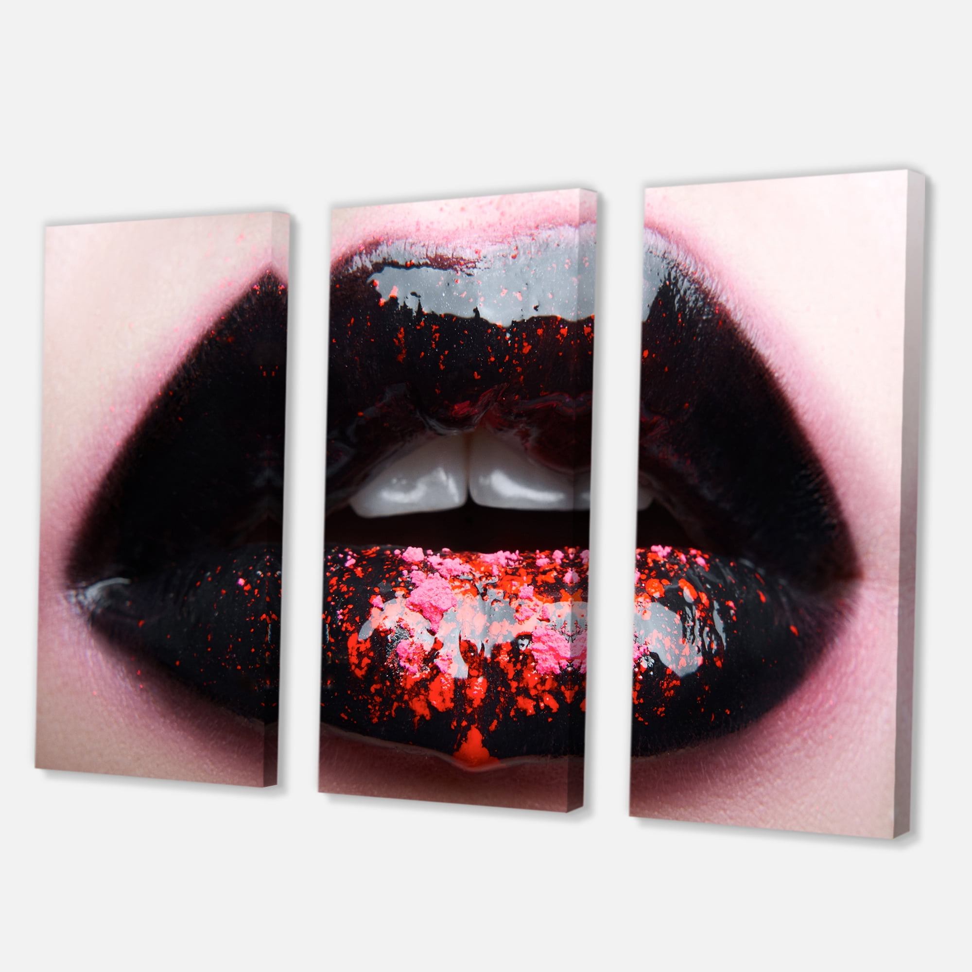 Designart ' Plump Woman Lips With Pink and Black ' Modern Canvas Wall Art Print