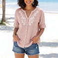 thumbnail image 4 of ClodeEU Women's Linen Blend Embroidered Short Sleeve Shirt,Casual Crewneck Blouse Top Pink,Womens Plus S, 4 of 6