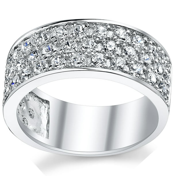 Sterling Silver Men's Wedding Band Engagement Ring With Cubic Zirconia CZ  9MM 3 Row