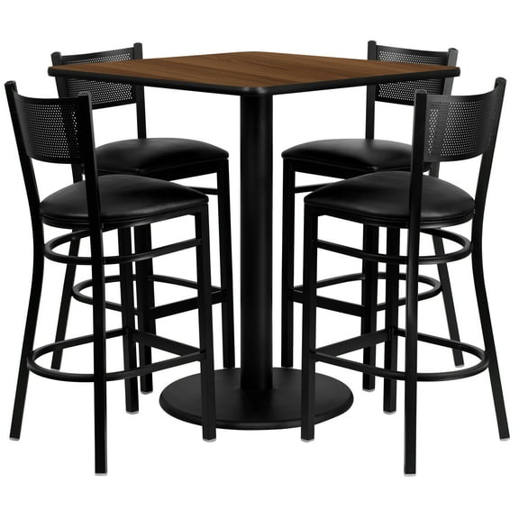 Flash Furniture 36'' Square Walnut Laminate Table Set with 4 Grid Back Metal Barstools - Black Vinyl Seat