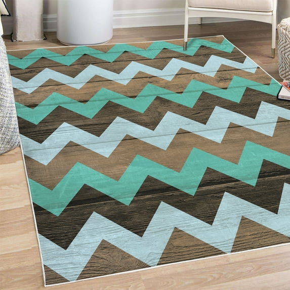 Chevron Decorative Rug, Zig Zag Lines Pattern on Wooden Looking Background Rustic Home Print, Quality Carpet for Bedroom Dorm and Living Room, 6 Sizes, Turquoise Camel, by Ambesonne