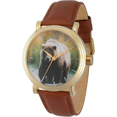 Discovery Channel Animal Planet, Bear Men's Gold Vintage Alloy Watch, Brown Leather Strap