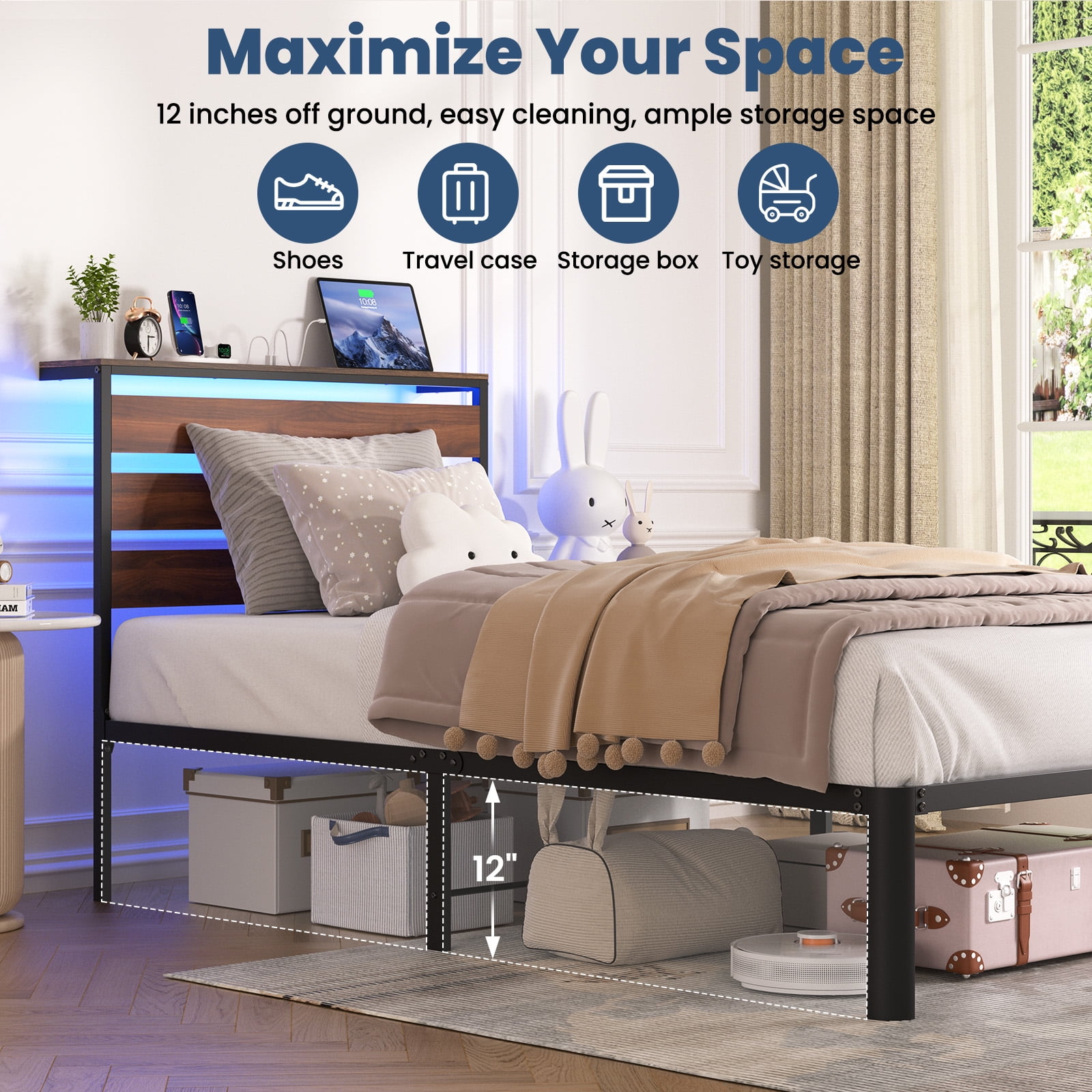 Lusimo 14" Twin Size LED Bed Frame with Storage Headboard and Charging Station Sturdy Metal Platform Bed with Round Footboard & 12'' Large Under Bed Storage