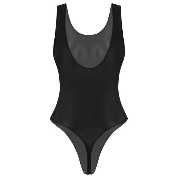 MSemis Women's Glossy Slim Fitted Oil Shiny T-shaped Bodysuits Tank Top Leotard