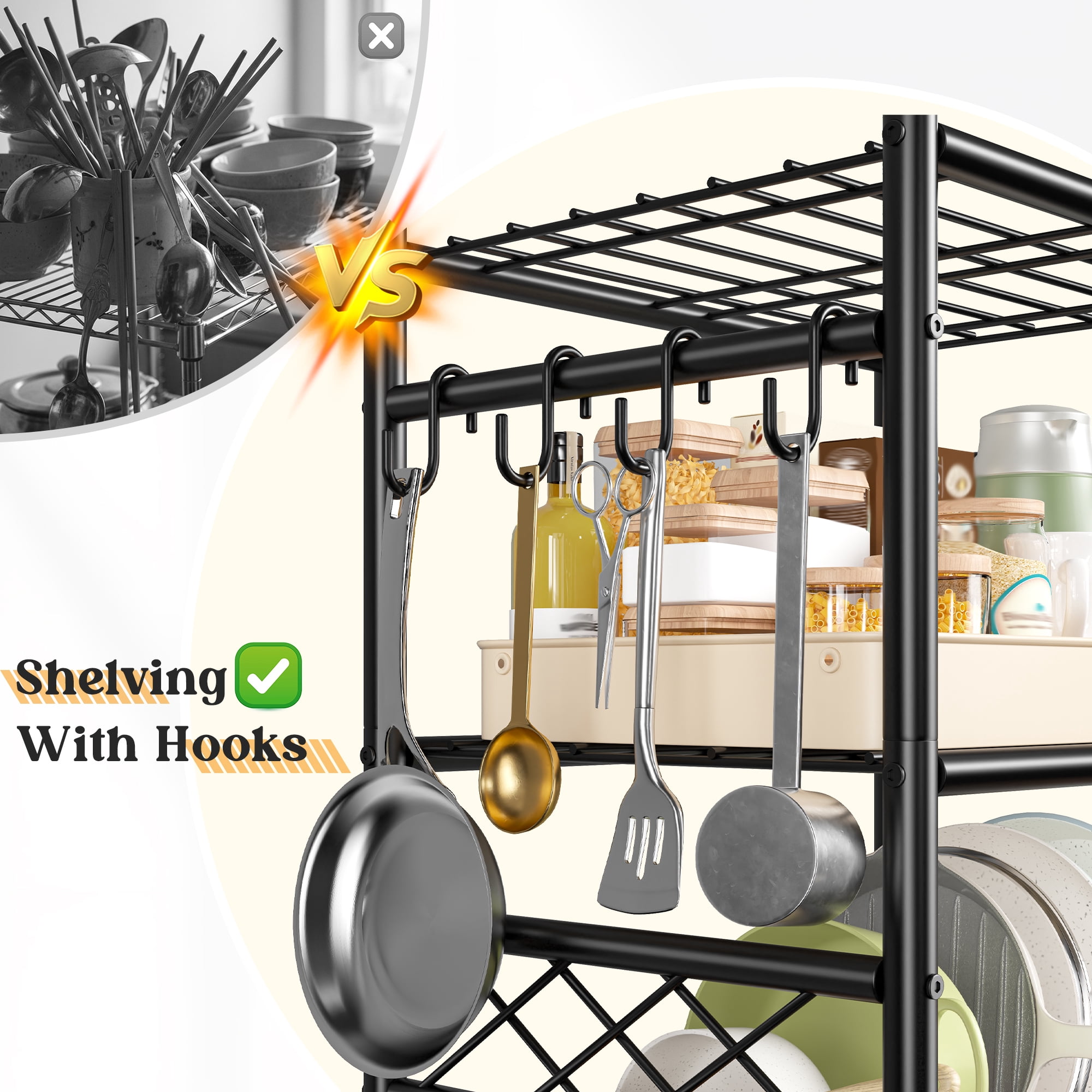 REIBII 5-Tier Metal Wire Shelf with 4 Hooks, 17.7" W x 11.8" D x 58.3" H, 550 lb Total Capacity