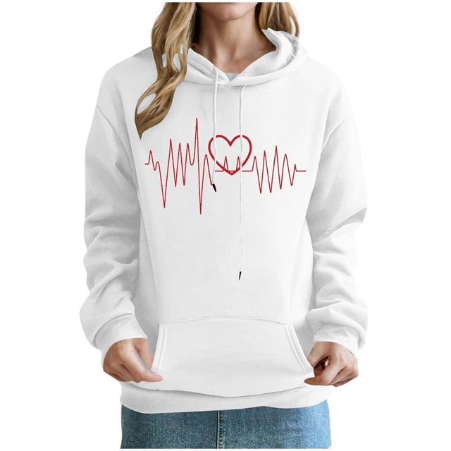 Mceream Valentines Day Chandails à Capuchon Chandails en Molleton pour Femmes Mignons Pulls de Vacances à Paillettes Manches Longues Hauts Décontractés Col Rond Chandails en Molleton Grande Taille Vêtements Blanc TG