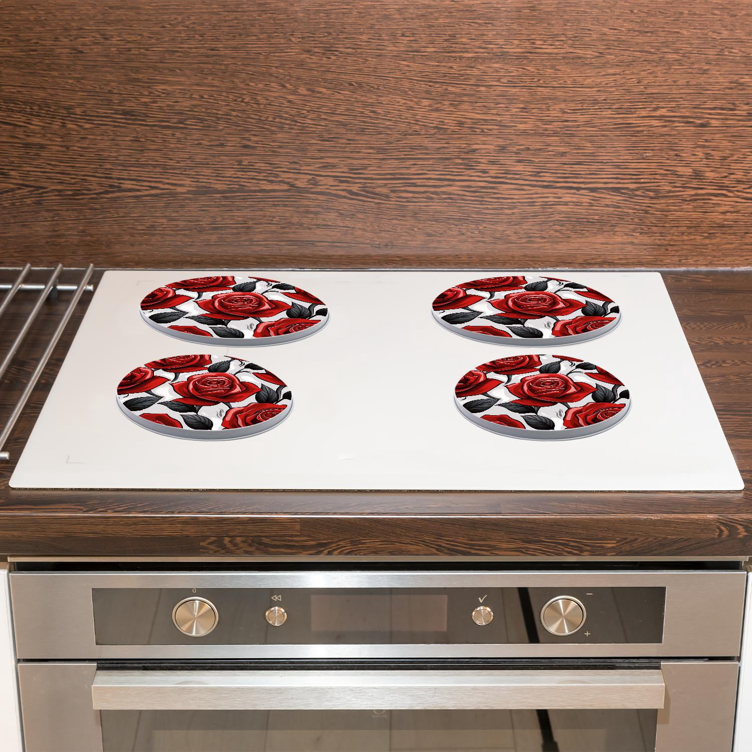 Round Stove Burner Covers 4 Pcs for Home Decor Cooktop Decorative ,Red Rose Flowers colorful, Metal Round Stove Burner Covers 8Inch And 10Inch
