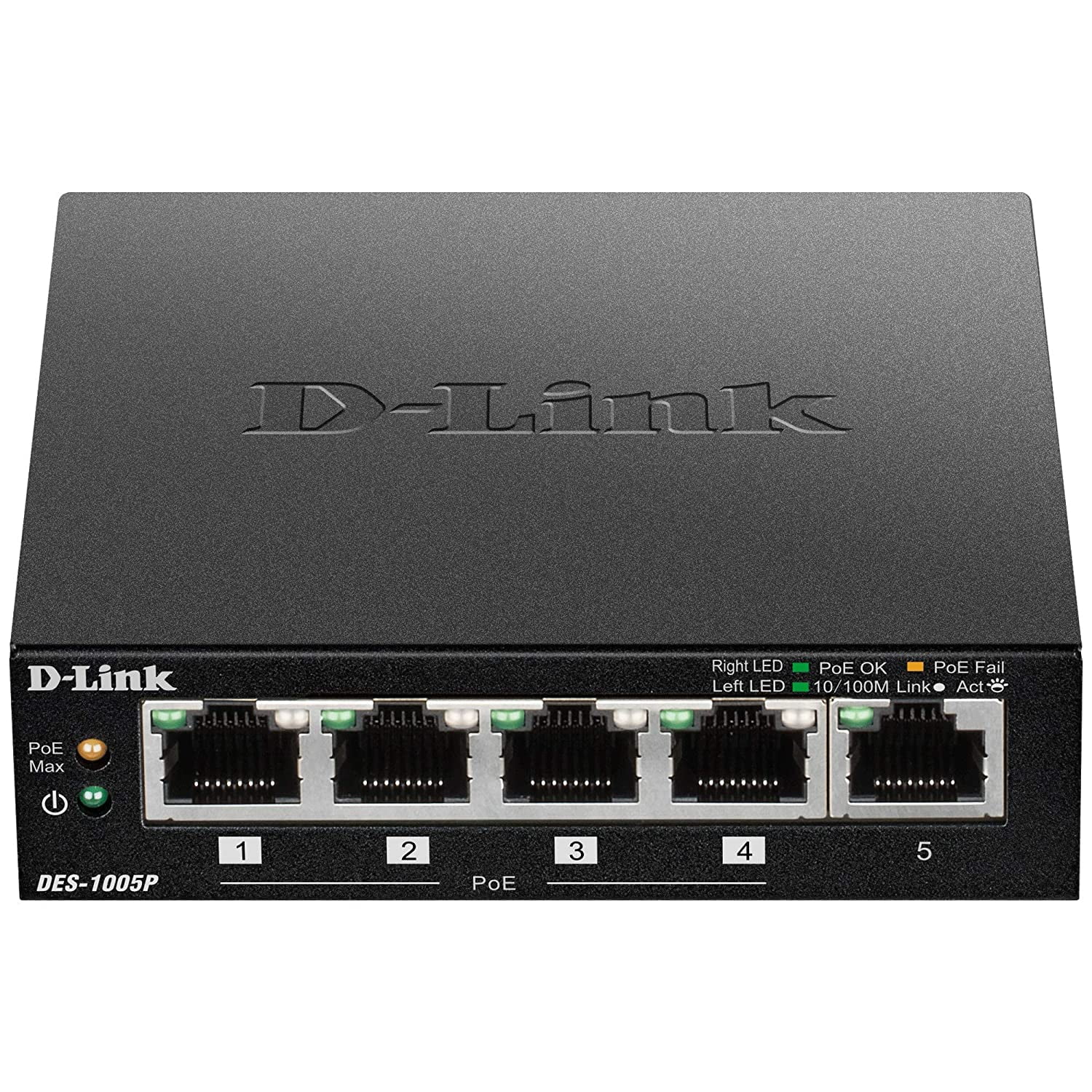 D-Link Ethernet PoE Switch 5 Port Unmanaged with 4 PoE Ports Fanless Desktop or Wall Mount Plug and Play DES-1005P Black D-Link Ethernet PoE Switch 5 Port Unmanaged with 4 PoE Ports Fanless Desktop or Wall Mount Plug and Play DES-1005P Black