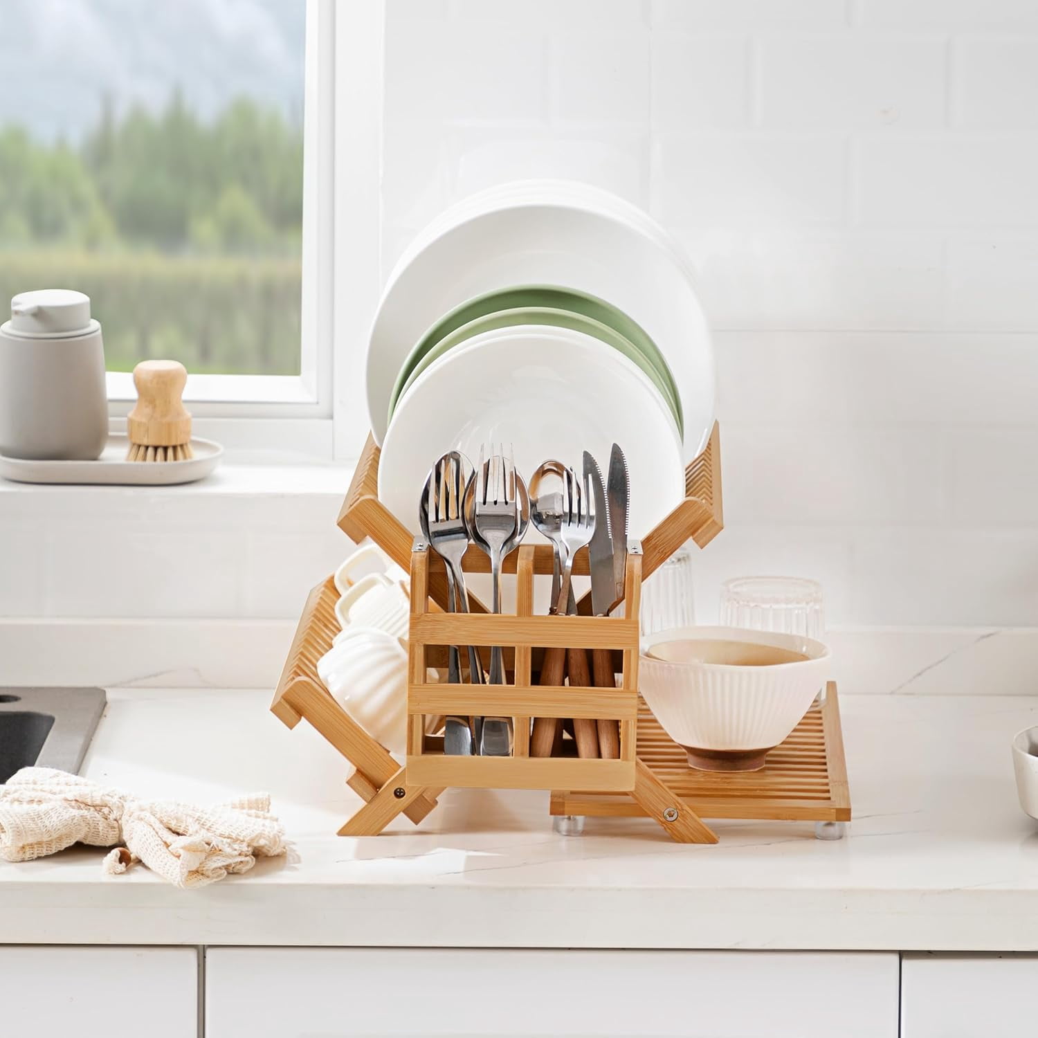 Bamboo Dish Drying Rack with Utensil Holder, 3 Tier Collapsible Dish Rack for Kitchen Counter, Large Folding Drying Holder, Dish Drainer, Kitchen Organizers and Storage