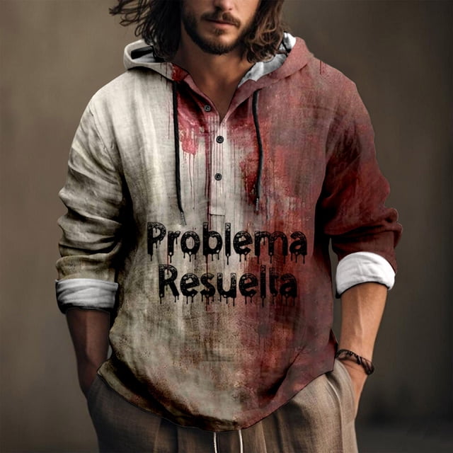 toraway Mens Shirts Casual Stylish Linen Fall Clothes for Men Male Printed Theme Casual Round Neck Button Bloodstain Pattern Plus Size Shirt Print Solid Color Hoodie Sweatshirt L