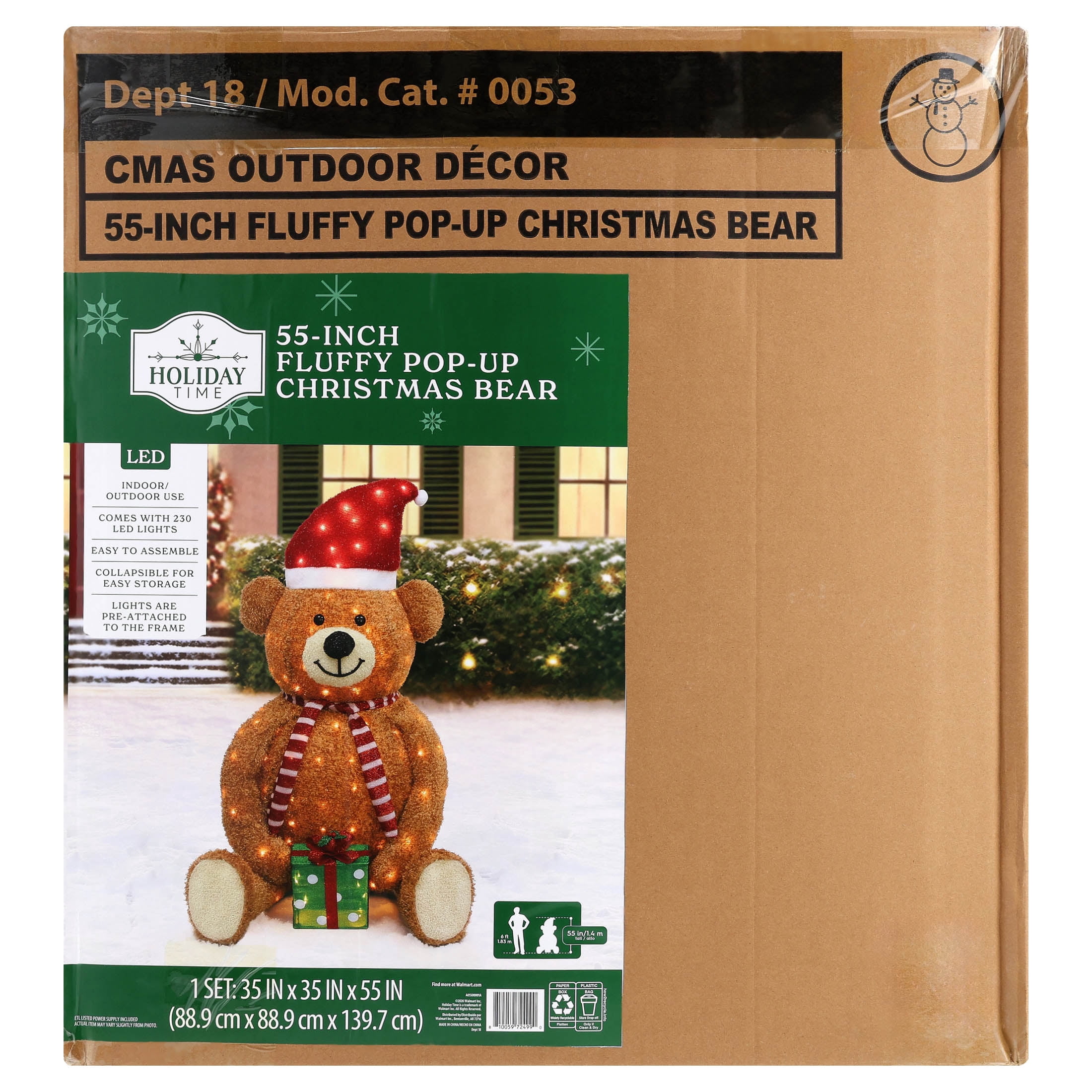 Indoor/Outdoor Light-Up Fluffy Pop-Up Bear Christmas Decoration with 230 LED Lights, Warm White, 55", by Holiday Time