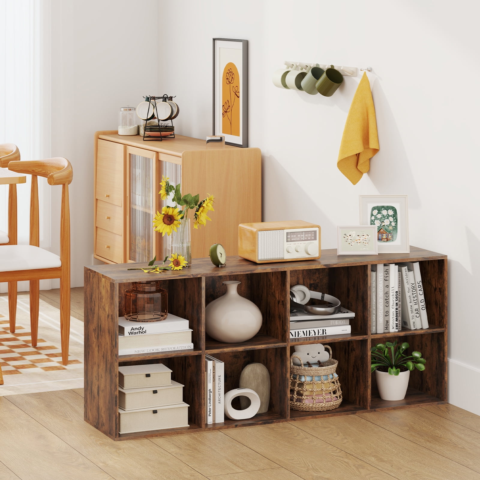 Costway 8-Cube Bookcase Bookshelf with 2 Anti-Tipping Kits Storage Organizer Rustic Brown