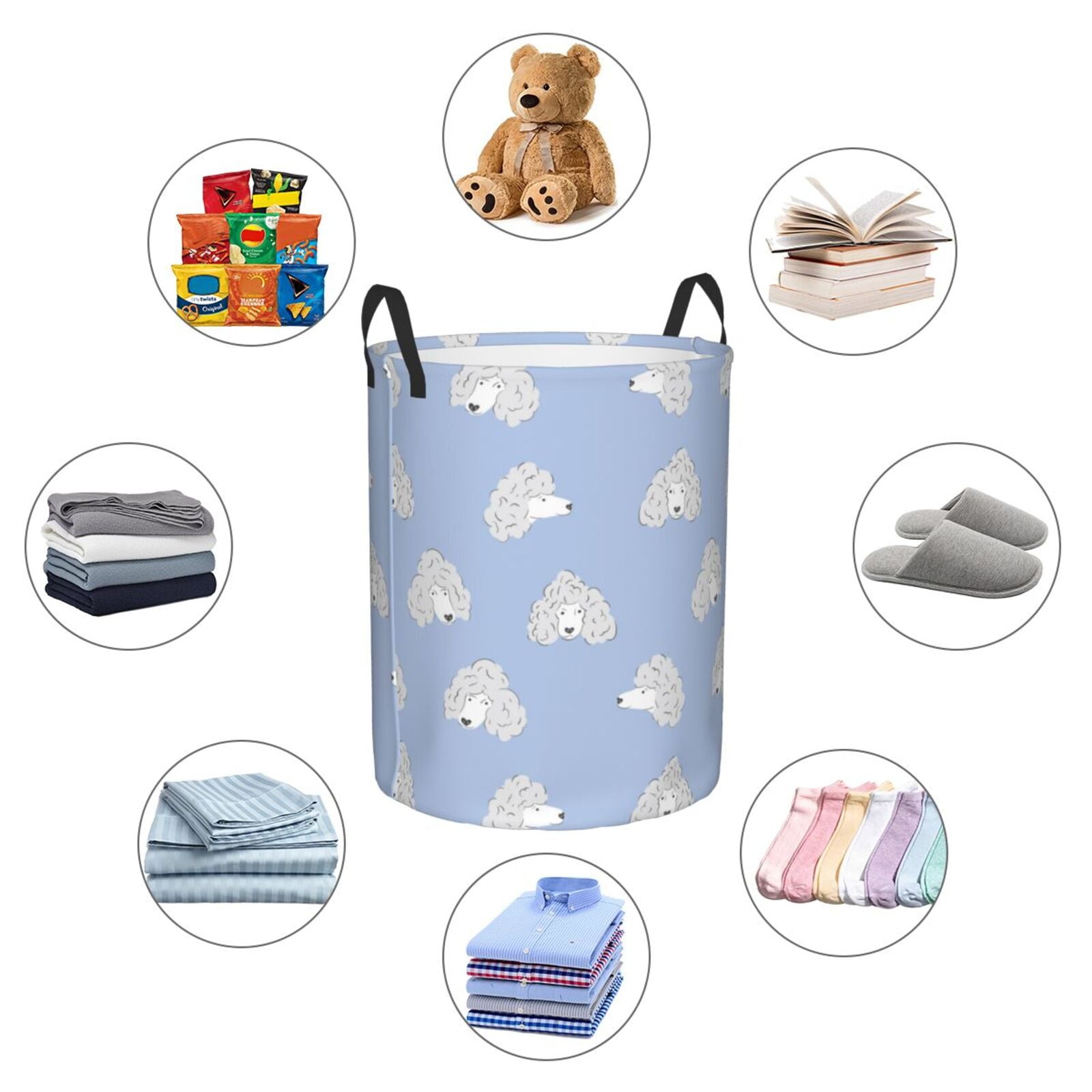 Large Laundry Basket with Handles - Cute Funny Poodle Dog Blue Kids Baby Dirty Clothes Laundry Hamper for Bedroom Aesthetic