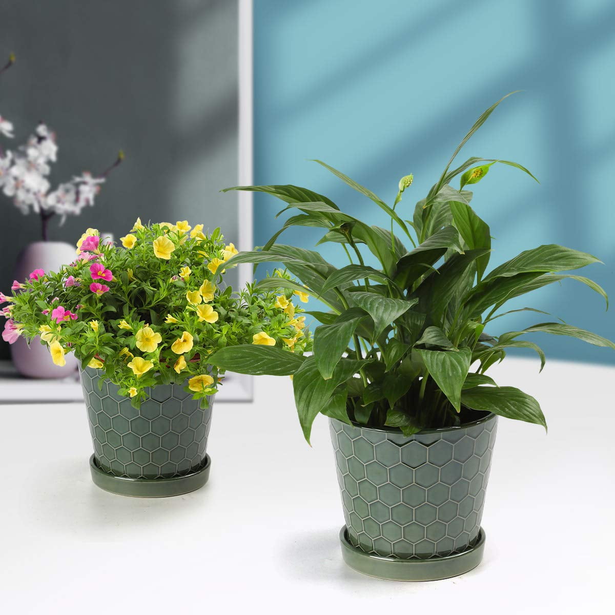 BUYMAX 4",5",6" Dia Planter Set of 3, Modern Style Ceramic Plant Pots with Drainage Hole and Tray for Indoor Outdoor Patio, Forest Green​