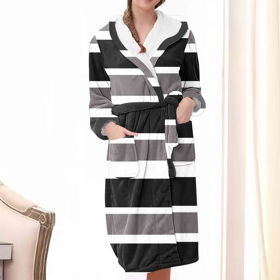 Nrmvnmi Flannel Hooded Bathrobe Robe For Women Soft Fuzzy Robe Pajamas Lightweight Knee Length Robes With Belt Pockets Cute Graphic Prints Warm Sleepwear Robe For Fall Winter