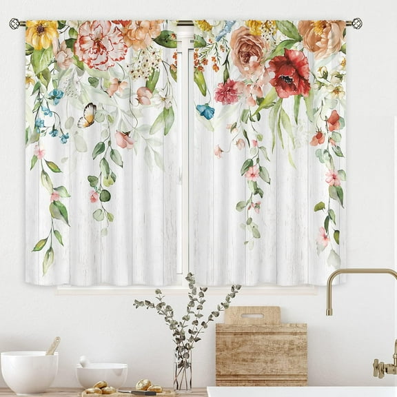 Watercolor Floral Kitchen Curtains 27.5Wx36H Inch Rod Pocket Colorful Wild Flower Cafe Curtains Rustic Leaves Plants Spring Botanical Farmhouse Wooden Bathroom Window Curtain Fabric 2 Panels