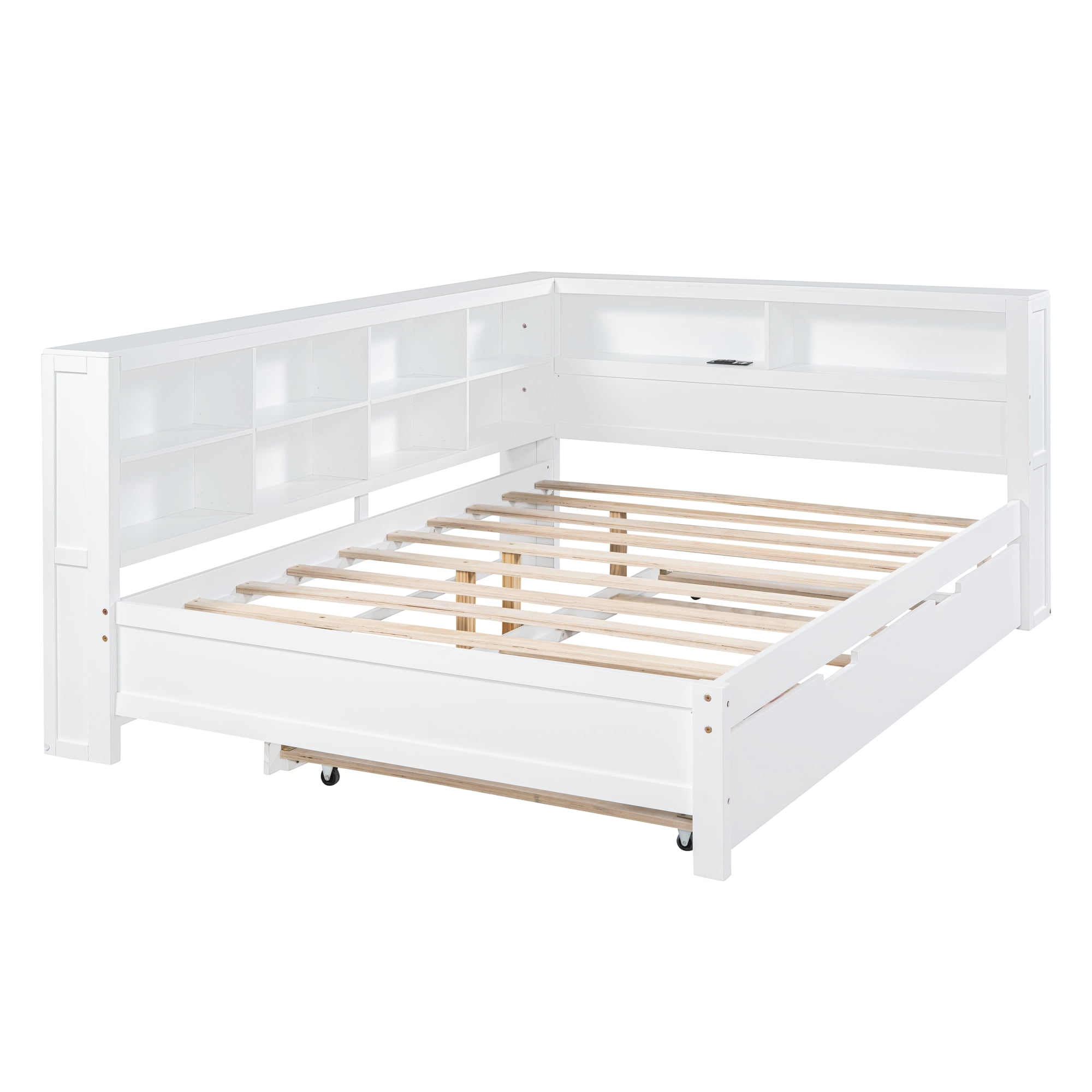 Mintazer Modern Full Daybed Frame with Twin Trundle, USB Charging Station, and Storage for Bedroom, White