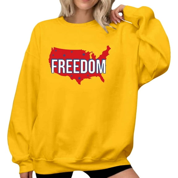 KHONTS Women's Freedom Sweatshirts Map Printed Round Neck Pullovers Sweatshirts Long Sleeve Causal Fashion Tee Yellow XL