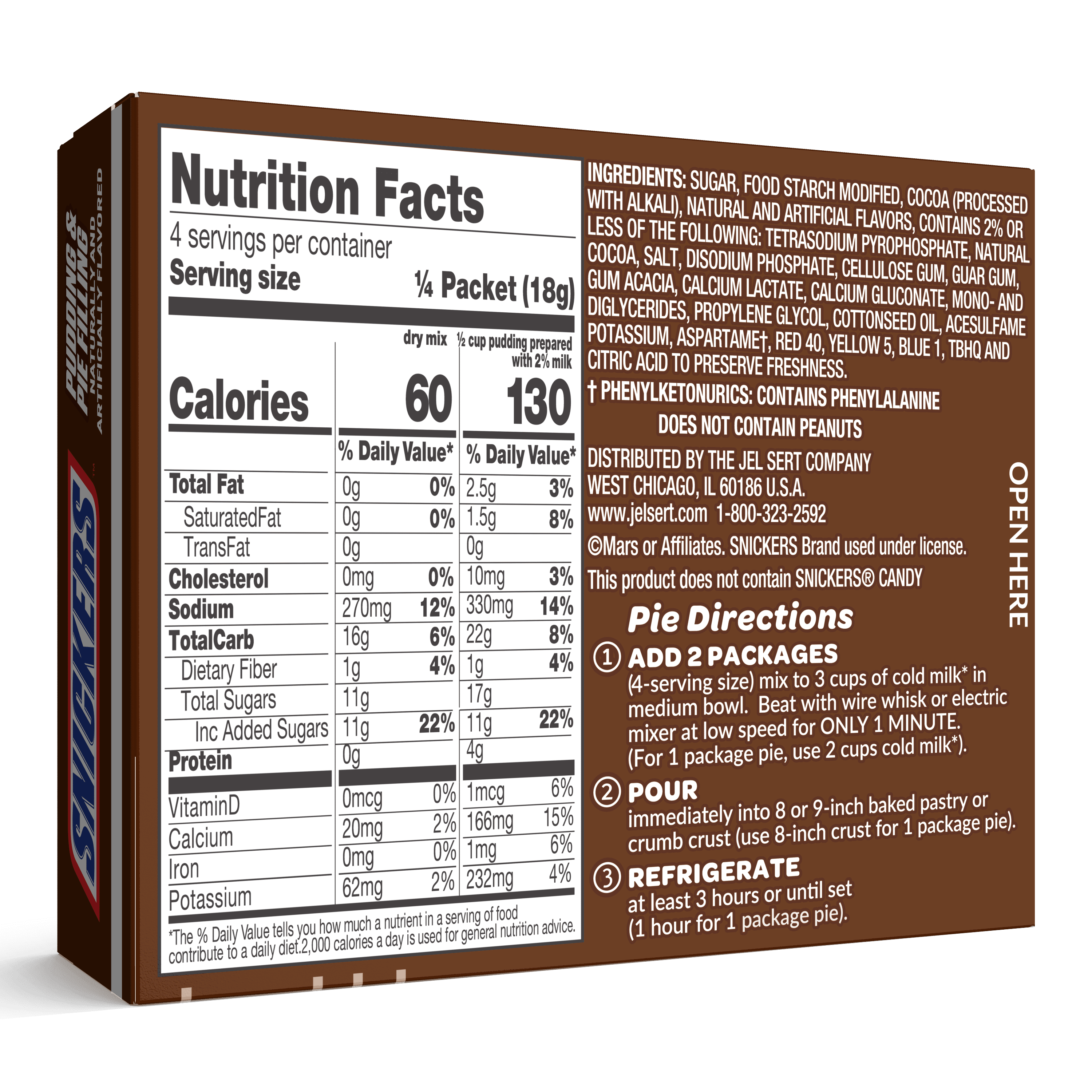 (4 pack) SNICKERS™ Milk Chocolate Pudding & Pie Filling, Fat-Free, 3.03 oz, Box