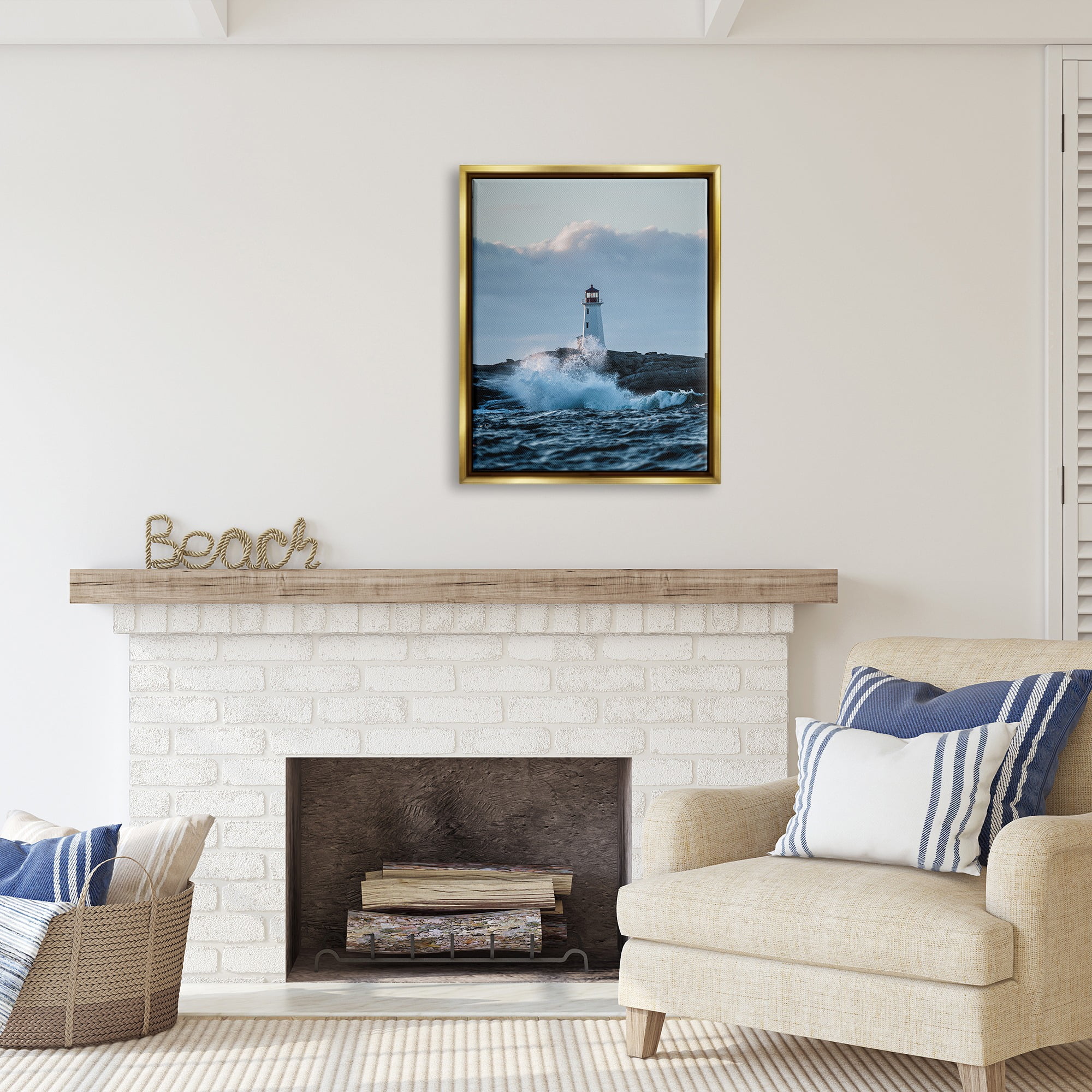 Stupell Industries Rough Sea Waves Photography Landscape Photography Gold Floater Framed Canvas Art Print Wall Art, 25 x 31