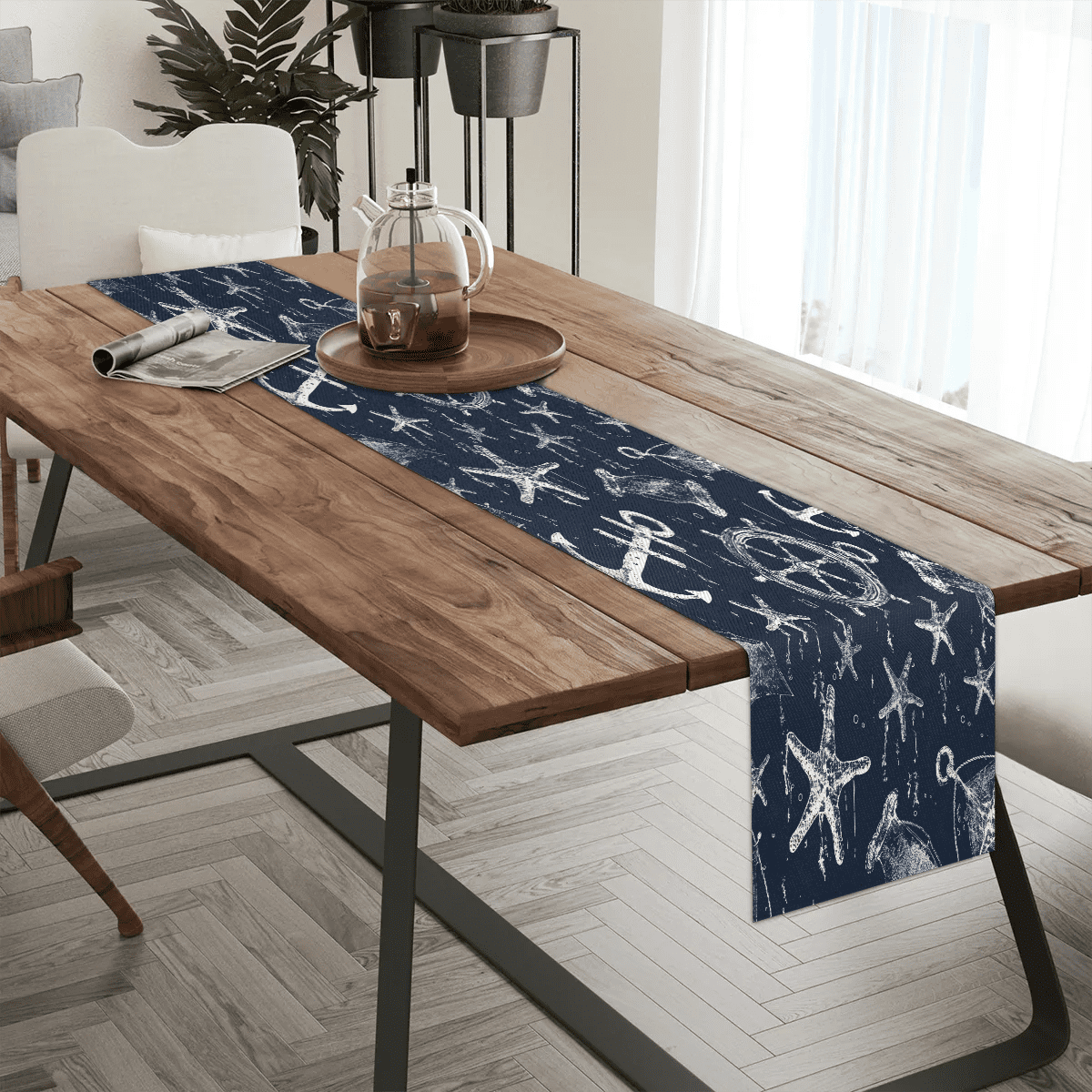 Qzaxky Table Runner Boho Table Runner Vintage Anchor Starfish Nautical Retro Bohemian Boho Outdoor Table Runner Decoration for Indoor Outdoor Home Dinner Party Wedding Decor 13 x 48 Inch