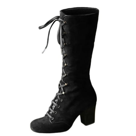 

Women Fashion Casual Vintage Retro Mid-Calf Boots Lace Up Thick Heels Shoes Leather Boots for Women Calf High Women s Riding Boots Mid Calf Mid Calf Boots for Women with Heel Womens Wide Calf Boots