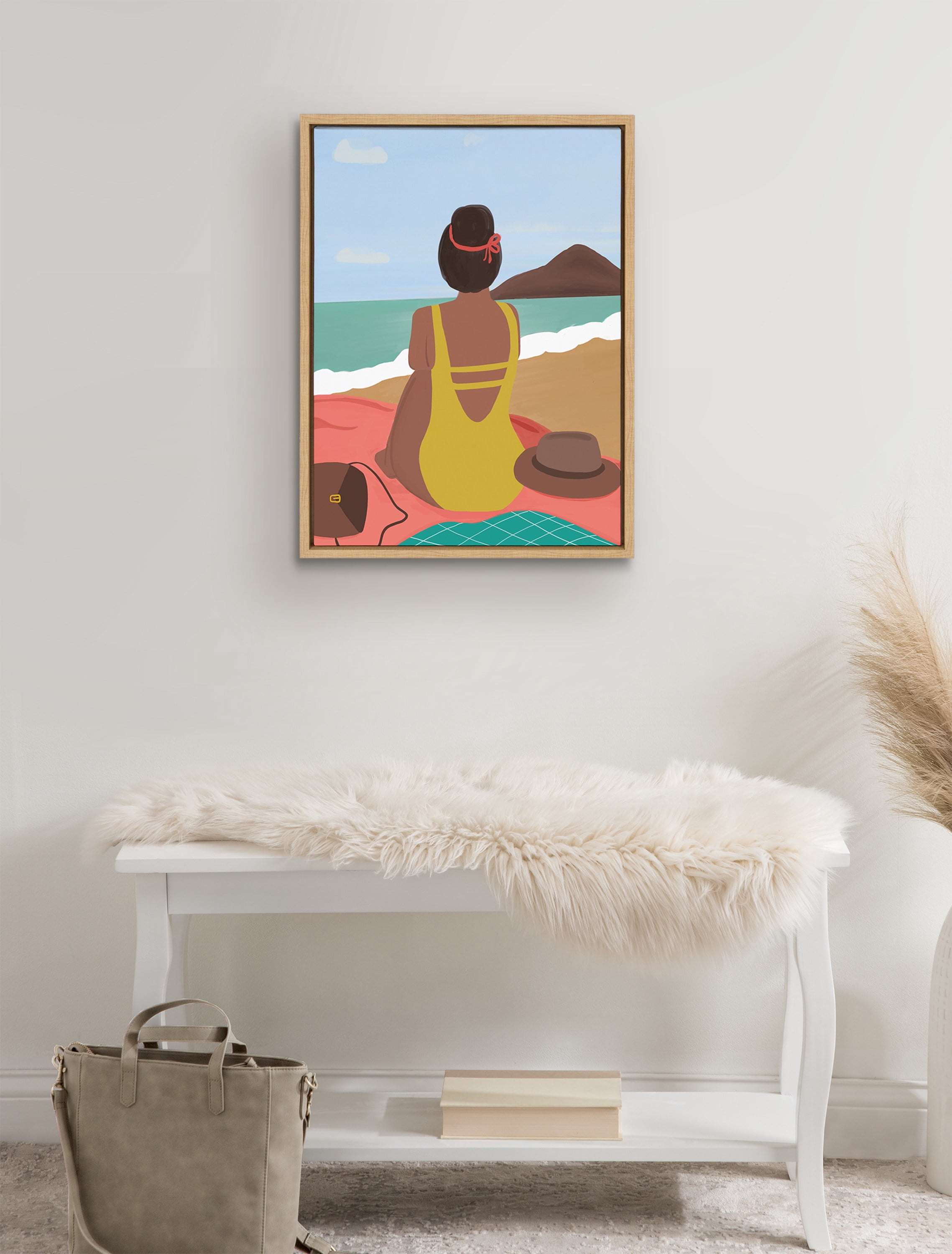 Kate and Laurel Sylvie Beach Solo Framed Canvas Wall Art by Queenbe Monyei, 18x24 Natural, Feminine Beach Wall Decor For Your Living Room, Bedroom, Or Bathroom