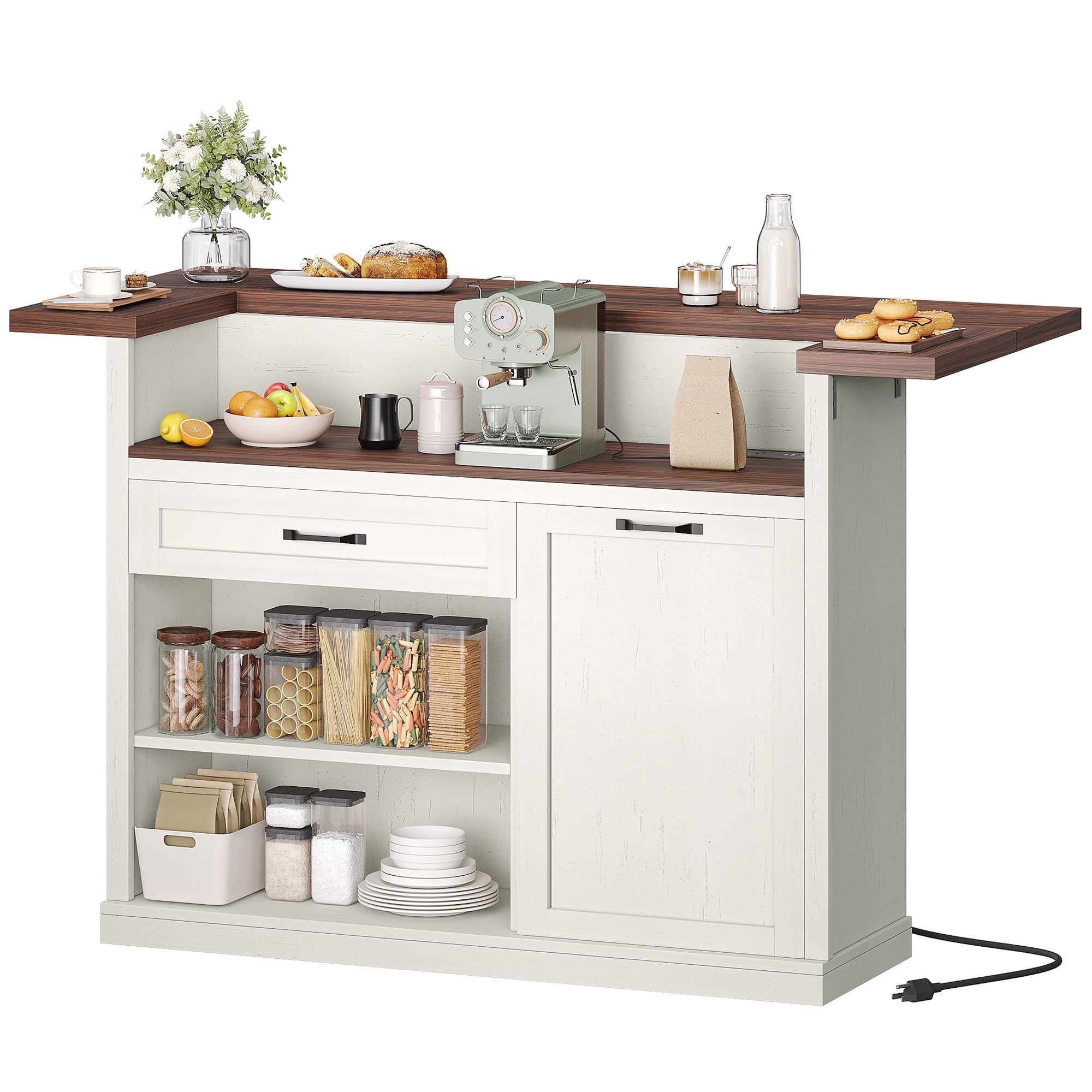 Homiflex 55" Kitchen Island with Storage, Lrage Rolling Island Cart with Drop Leaf, Walnut