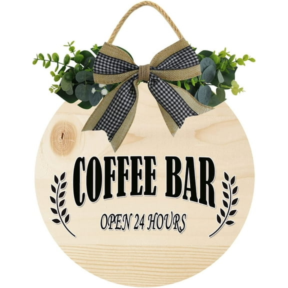 Eveokoki 12" Door Decor Sign,Rustic Hanging Coffee Bar Open 24 Hours Wooden Signs Family Sign Rustic Wall Decor Indoor and Outdoor Vintage Wooden Decoration Farmhouse Primitive
