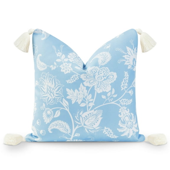 Hofdeco Premium Coastal Hampton Style Patio Indoor Outdoor Throw Pillow Cover Only, 18"x18" Water Resistant for Backyard, Couch, Baby Blue Floral Tassel