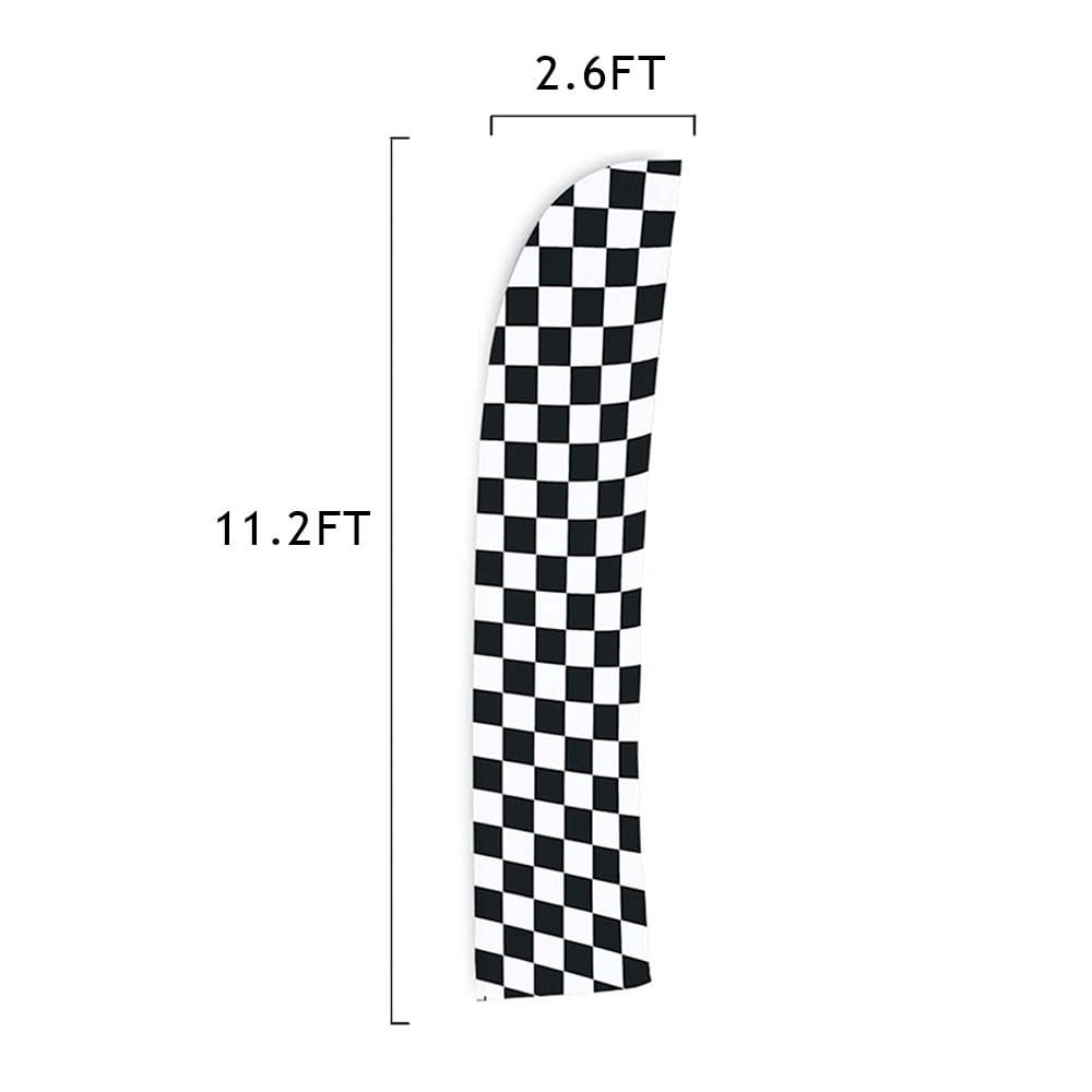 Vispronet Black/White Checkered Feather Flag Kit - 13.5ft Knitted Polyester Swooper Flag with Pole Set, Cross Base and Weight Bag - Printed in The USA