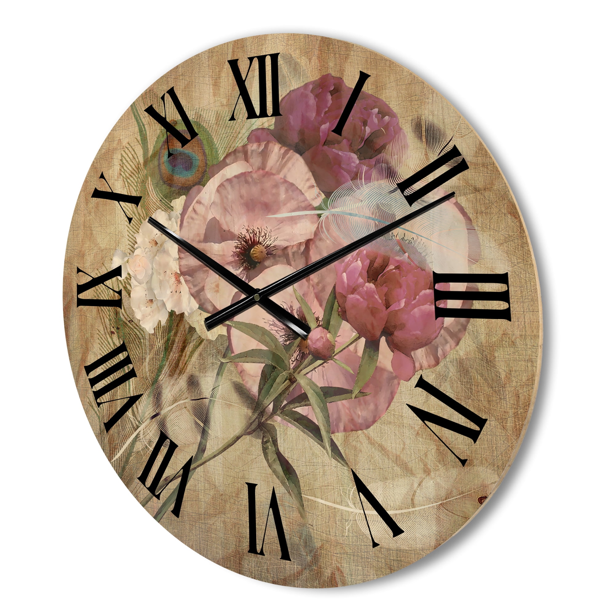 Designart 'Iris Bouquet Floral Design With Peacock Feather' Traditional Wood Wall Clock