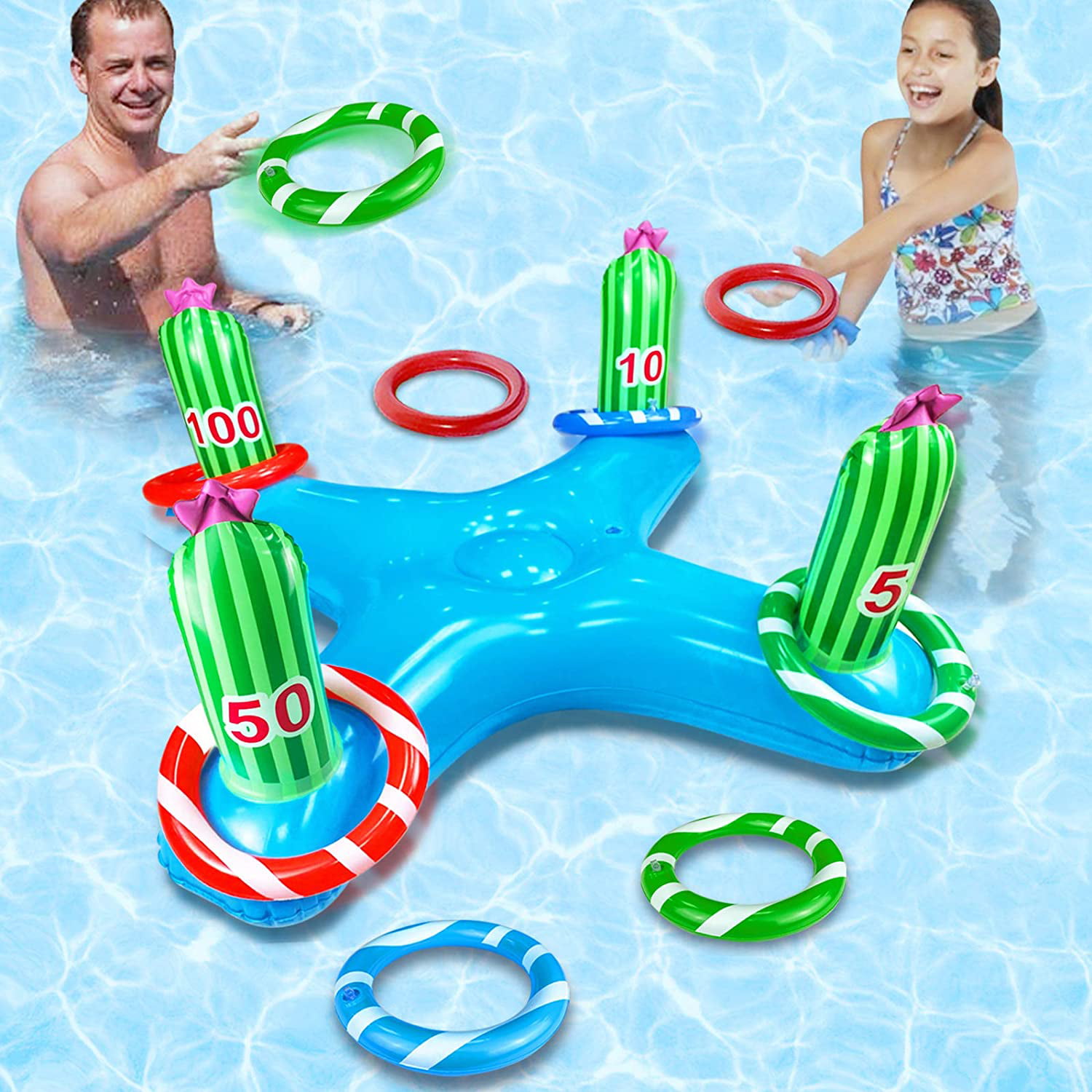 Leafgreenus Inflatable Pool Ring Toss Game with 4 Ring Toss Rings Inflatable Cross Ring Toss Water Flatting Pool Game Toys for Hawaii Luau Party Decorations Pool Party Game