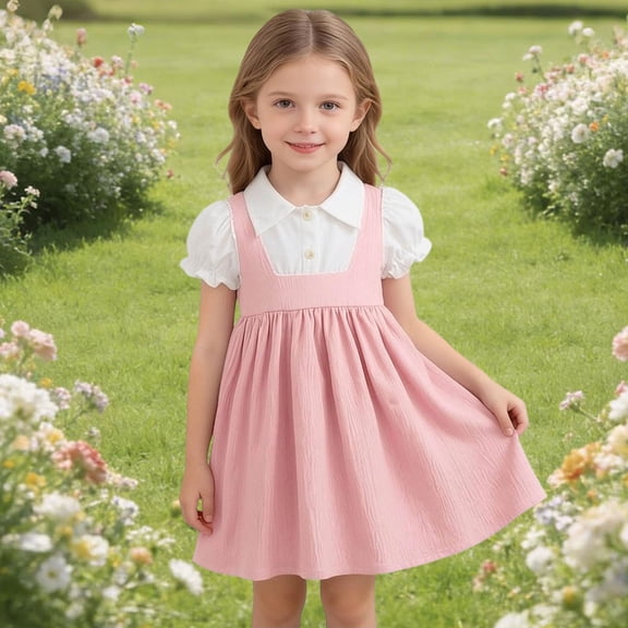 Amidoa Girl Dresses Puff sleeves A-Line Dress Casual Summer Sundress for Kids Pink Size 6
