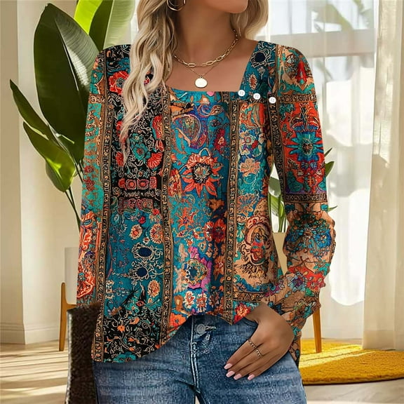 Blmnix Bohemian Plus Size Graphic Tees for Women Basic Tee Paisley Print Brown Formal Tops Long Sleeve Square Neckline Blouses
