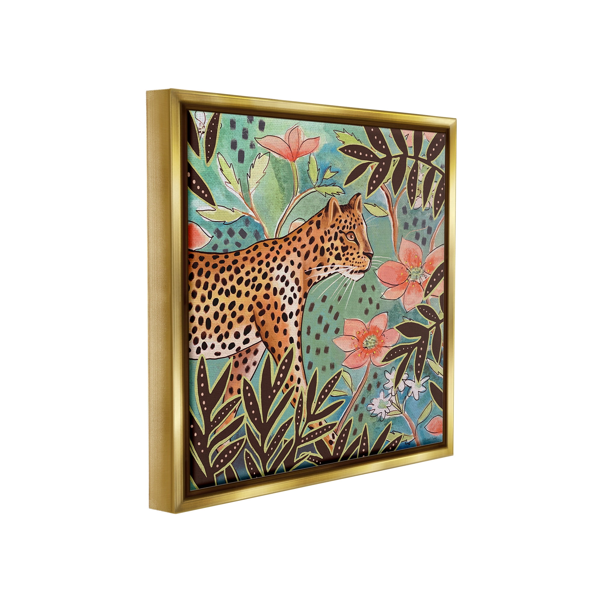 Stupell Industries Leopard & Jungle Florals Animals & Insects Painting Gold Floater Framed Canvas Art Print Wall Art, 18 x 18