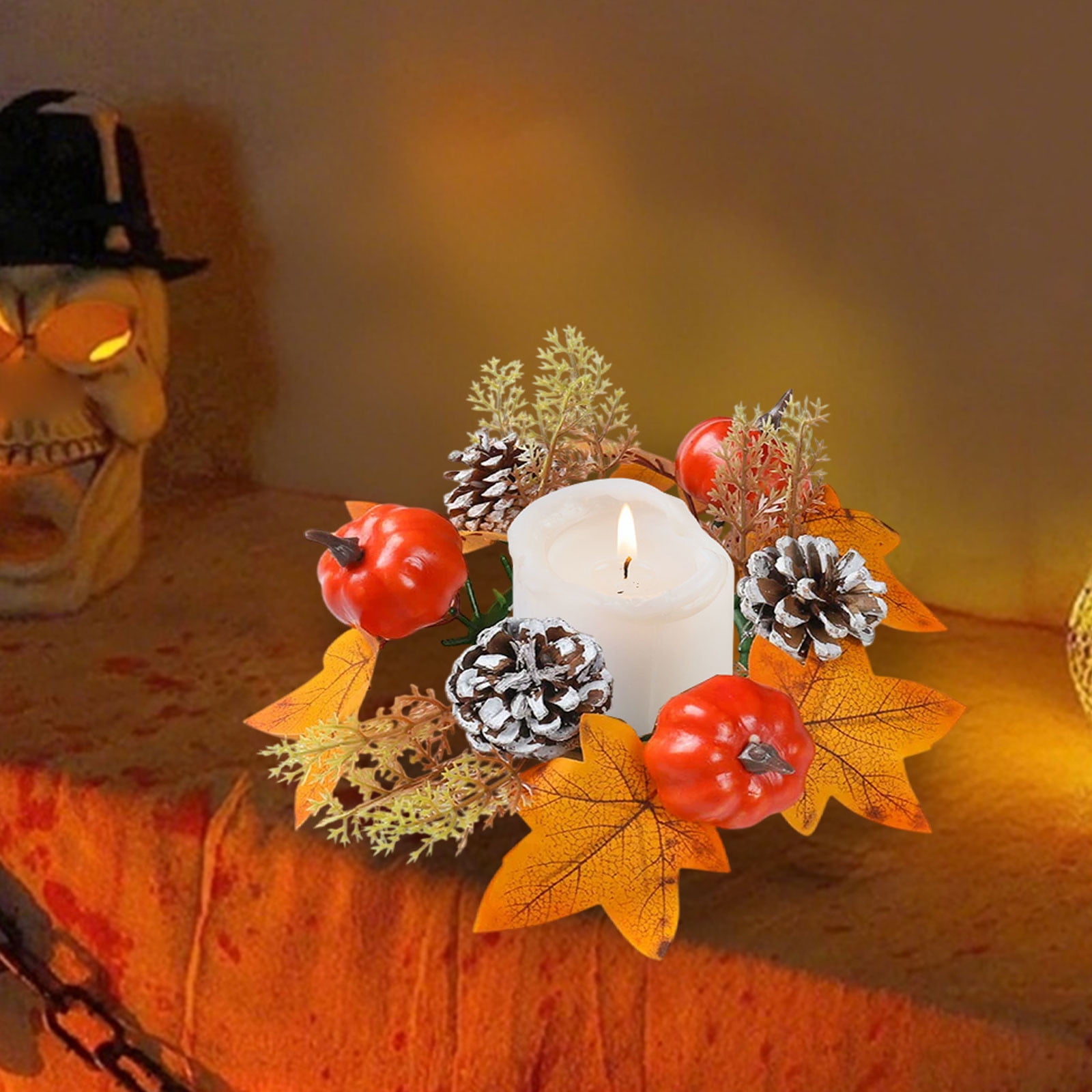 Couronne De Bougies Automne/Halloween - Décor Porte Ou Table Avec Feuilles Artificielles Et Grenades - 12 Cm