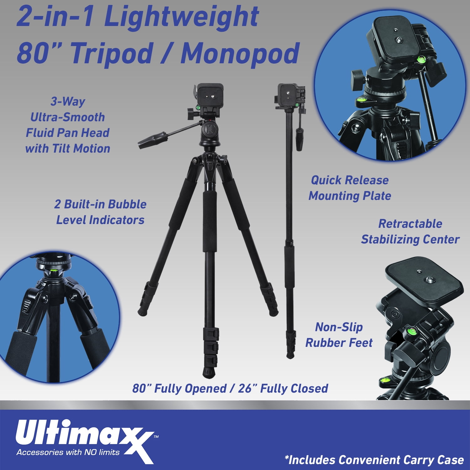 Ultimaxx 80" Lightweight Aluminum Tripod / Monopod (Black) with Convenient Carry Case