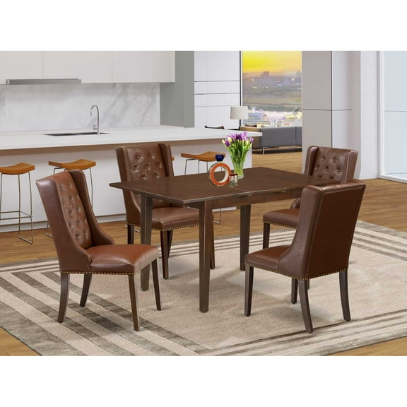 East West Furniture PSFO5-MAH-46 5-Piece Kitchen Dining Room Set Includes 1 Butterfly Leaf Dining Room Table and 4 Brown Linen Fabric Kitchen Chairs with Button Tufted Back - Mahogany Finish