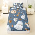 thumbnail image 3 of Homewish Blue Watercolor Ghost Pumpkin Twin Sheets for Girls, Fall Oak Leaf Bedding, 3-Piece, 1 Flat Sheet, 1 Fitted Sheet and 1 Pillowcase, 3 of 5