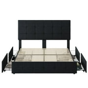 Homfa Queen Size 4 Storage Drawers Bed Frame, Square Tufted Upholstered Platform Bed with Adjustable Headboard, Black