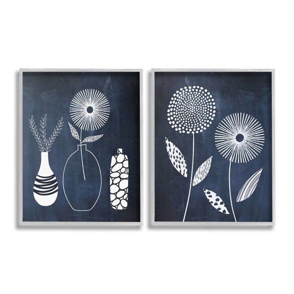 Stupell Industries Structured Flowers on Blue Botanical & Floral Painting Gray Framed Art Print Wall Art, 24 x 30, Set of 2