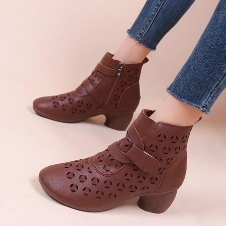 

DAETIROS Boots for Women Outdoor Skeleton Side Zipper Chunky Heel Short Boots Women Boots Retro Flat Bottom Casual Boots Plus Size Shoes Brown Size 6