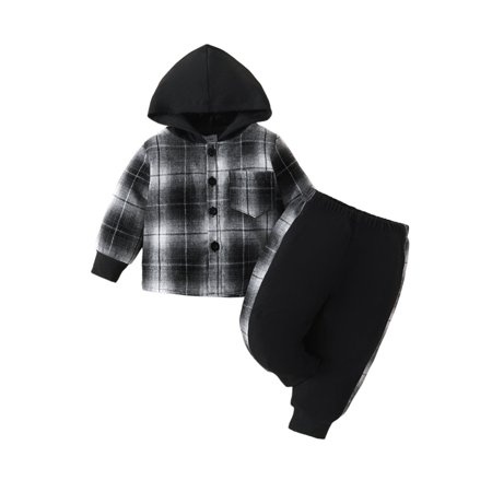 

KVMeteor Baby Boys Checked Print Long Sleeve Hooded Tops+Pants Toddler Kids Outfits 2-Piece Clothes Set